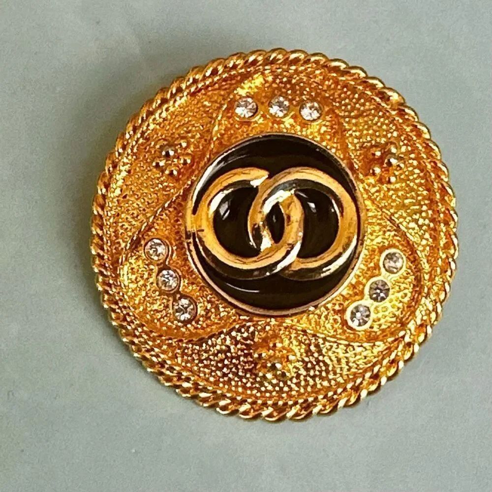 Vintage Gold-Tone Black Enamel Statement Brooch with Rhinestones